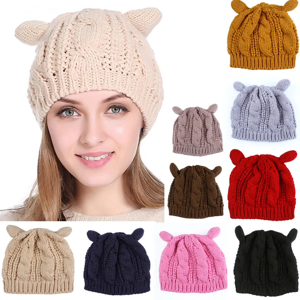 Новинка, высококачественные однотонные кепки, зимняя женская шапка, милая вязаная шерстяная шапка с кошачьими ушками, защищающая уши, чтобы обернуть голову, czapka zimowa