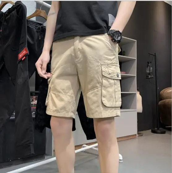 Khaki2 Мужские шорты Лето Горячая Распродажа многокарманные хлопковые однотонные шорты Мужская Верхняя одежда повседневные свободные большие размеры до колен шорты - Цвет: Khaki2