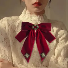 

2021 New Women's Bowknot French Retro Crystal Velvet Bow Tie Double Layer Red Brooch Lolita Costume Banquet Accessories
