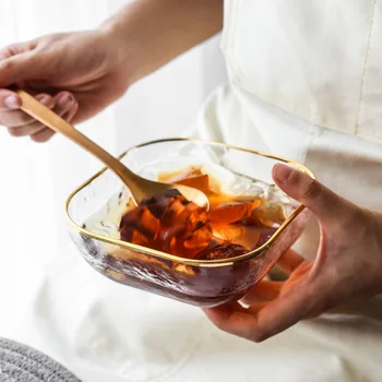 

Luxury Transparent Square Glass Salad Bowl with Glod Rim Japanese Style Large Soup Dessert Fruit Mixing Bowl