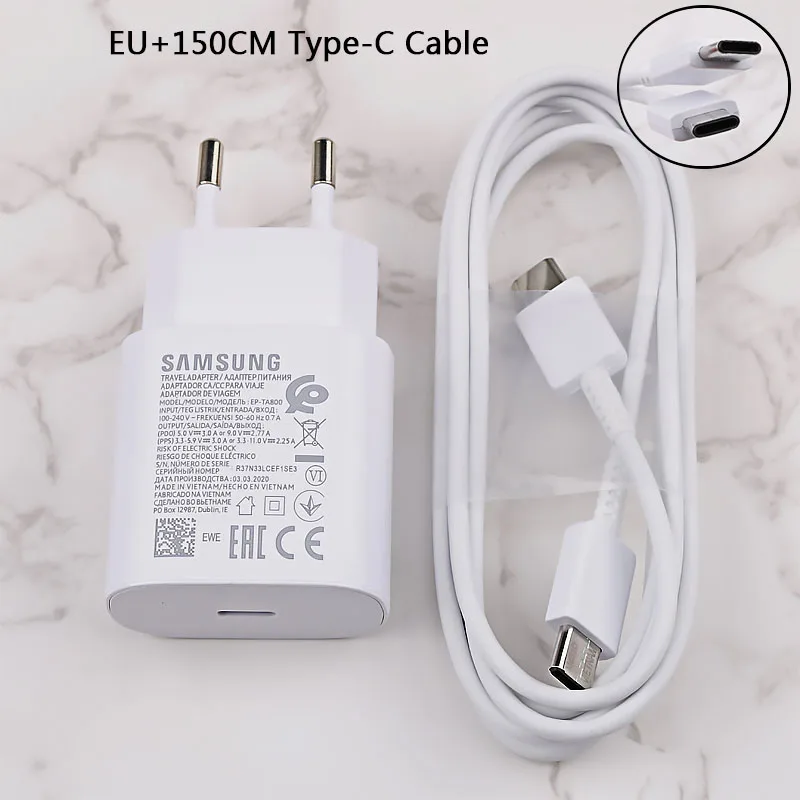 5v 3a usb c Original Samsung Galaxy Note 10 25W Super Fast Charging Adapter PD Charger 100CM USB C To USB C Cable For S20 Ultra S20+ A71 A91 65 w charger Chargers