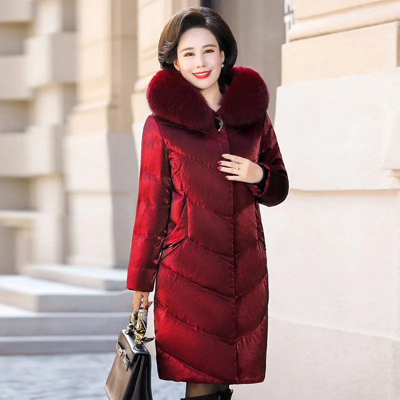 

New Style down Jacket Women's Mid-length Bright Surface Gold Velvet Middle-aged Coat Fashion Korean-style Genuine Fur Collar Whi