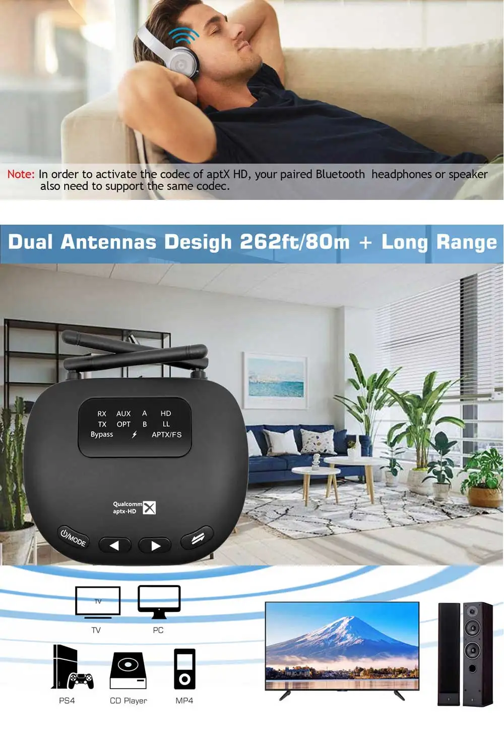 3 в 1 80 м Bluetooth 5,0 аудио передатчик приемник CSR8675 aptX HD& apt-X LL беспроводной адаптер для ТВ ПК, Оптический RCA AUX 3,5 мм