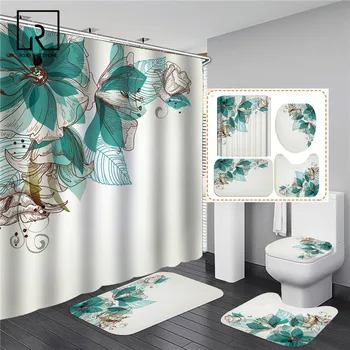 

Green Flowers Flroal Printed White Shower Curtain Set Toliet Lid Cover Anti-slip Bathroom Mat Flannel Soft Home Bathing Carpets