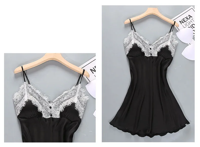 Queenral 2PCS Sexy Women's Robe Gown Sets Night Woman Nightgown Summer Nightdress Lace Satin Sleepwear Pajamas With Chest Pad   11