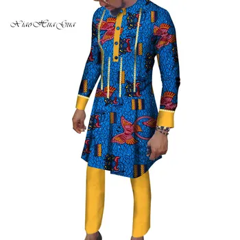 

African Men Clothes Long Sleeve Shirt Gown and Pants Set Traditional African Bazin Riche Print Tops Gown and Trousers Wyn964