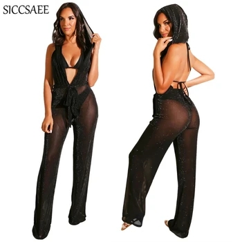 

Mesh See Through Hoodies Deep V Neck Rompers Womens Jumpsuit Wide Leg Long Pants Backless Overalls Sexy Club Wear Transparent