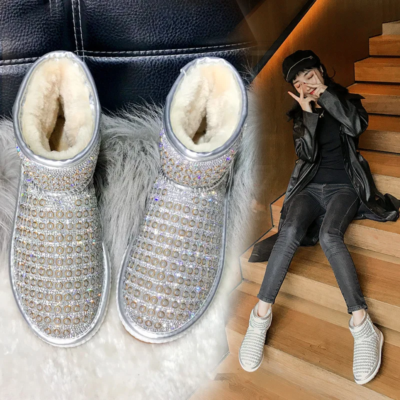 LORFRCIN Ladies Boots Top Quality Snow Boots Fashion Crystal Rhinestone Shoes Woman Winter New Women's Boots