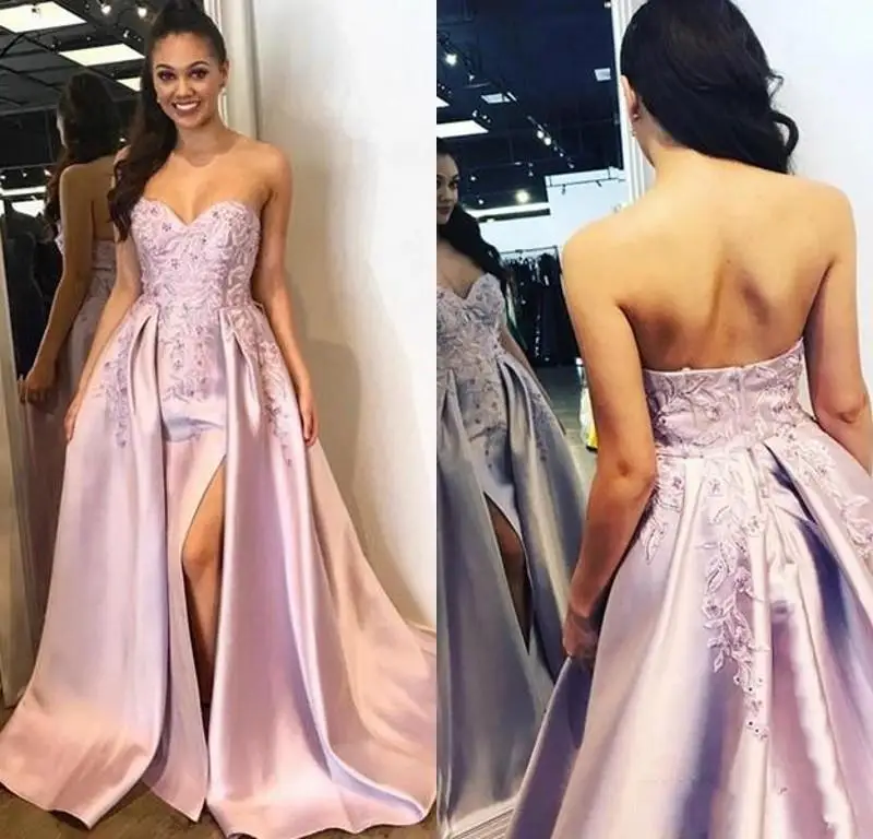 Prom Dresses A Line Sweetheart Applique Satin Evening Gowns Side Split Sweep Train Formal Party Gowns prom dress
