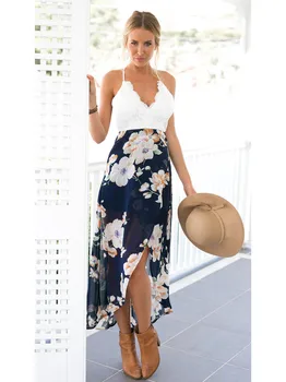 

Summer Style Women Lace Long Flower Print Patchwork Dresses Sexy V Nack Women Lace Dress