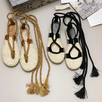 

Boho Straw fisherman Shoes Woman 2020 New Sandals Lace Up Ankle Strap Women Shoes Summer Beach Sexy Gladiator Fringe Sandals