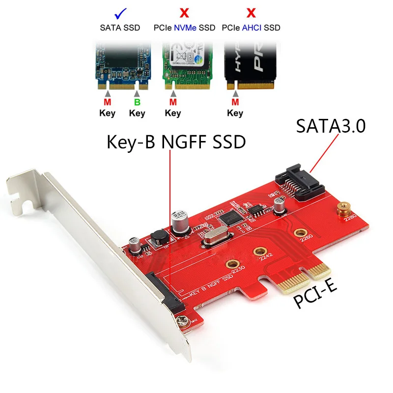 PCI-E Express 3,0x4 адаптер ASM1061 чипсет с кронштейном к M.2 NGFF B/M-key SATA SSD
