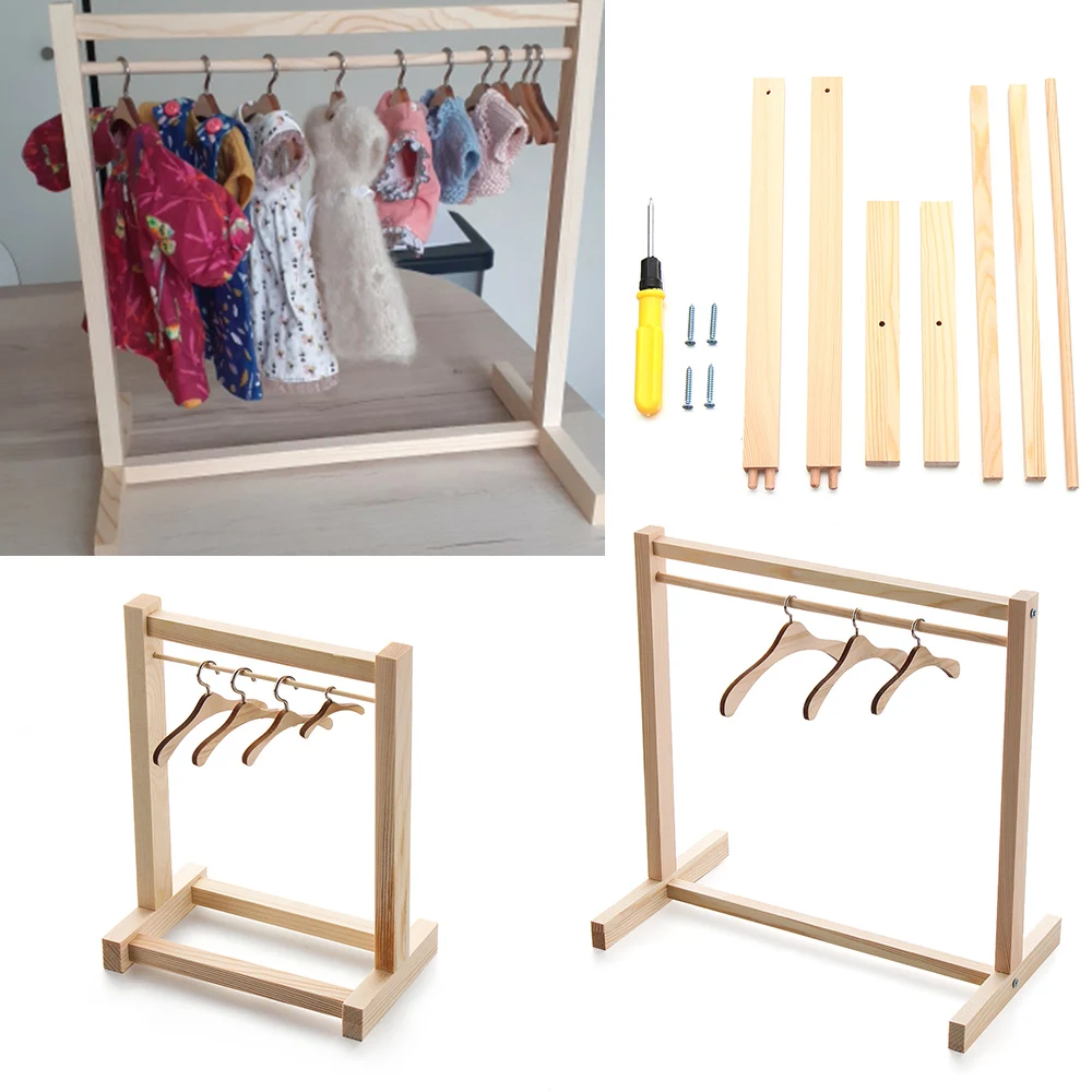 PUJIA Doll Garment Organizer 20 x 17 x 10cm Space Saving Storage Holder Doll Furniture Outfit Stand Wooden Clothes Hanger Mini Clothing Rack 