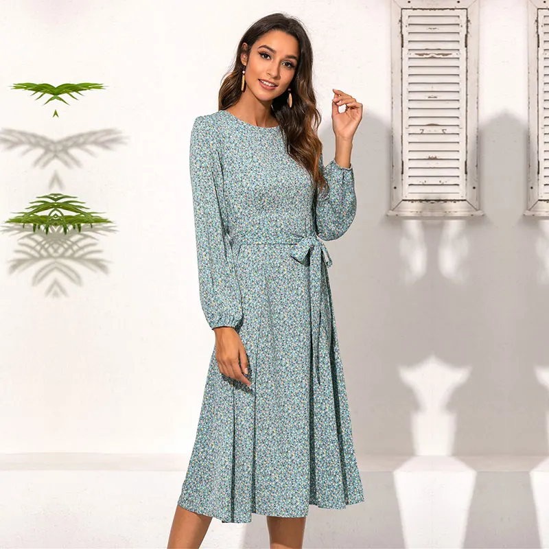 

New Ladies Elegant Spring Autumn Floral Print Dress Women O Neck High Wasit Full Sleeve Slim Casual Dress Female 8 Colors S-XL