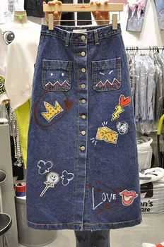 

fashion denim skirt Summer women cartoon printing high waist single breasted jeans skirt package hip skirts faldas mujer moda