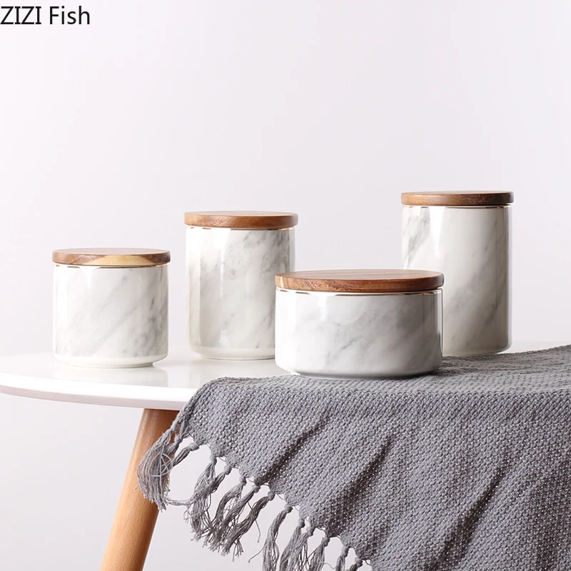 

Imitation Marble Ceramics Storage Jar with Wooden Cover Sealed Jar Kitchen Food Multigrain Coffee Bean Tea Storage Tank