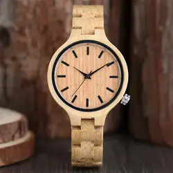 Элегантные женские деревянные часы с кварцевым механизмом, простые круглые женские часы из бамбукового дерева, складная застежка, модные