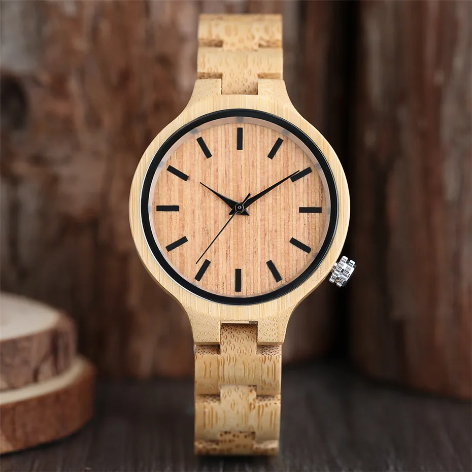 

Elegant Ladies Wooden Watch Quartz Movement Simple Round Bamboo Wood Women's Watches Folding Clasp Fashion Wristwatches reloj
