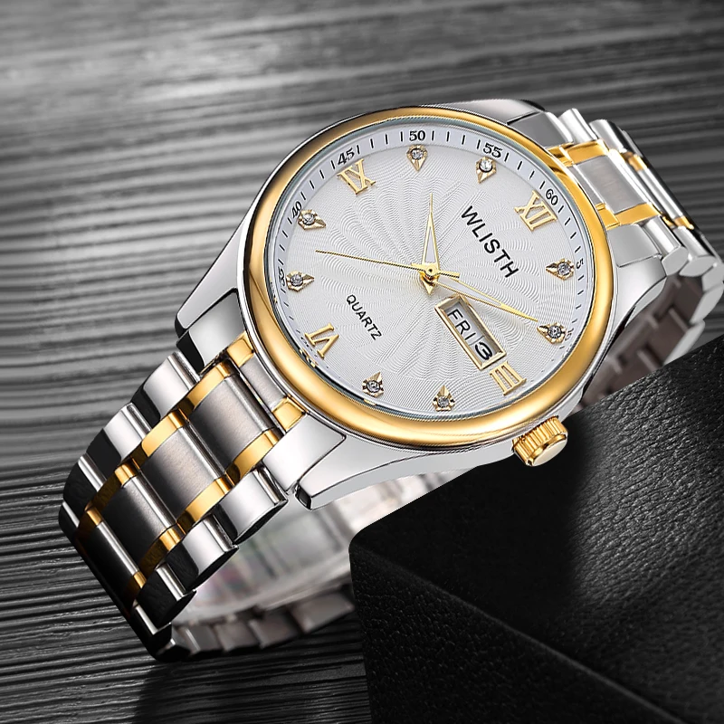WLISTH Мужские кварцевые мужские часы деловые с двойным календарем светящиеся