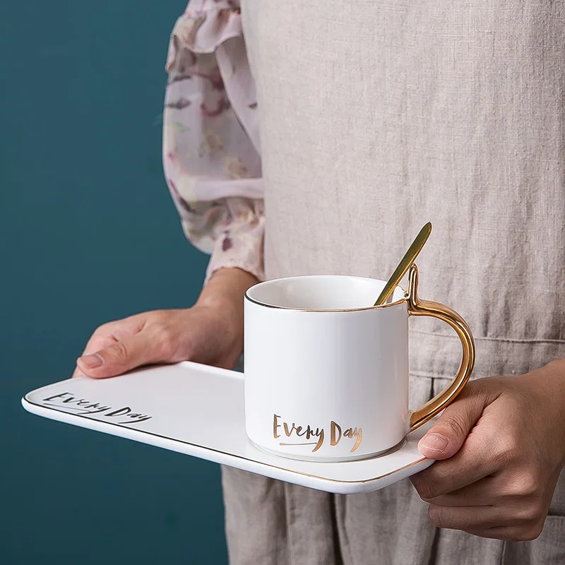 Creative Coffee Cup and Saucer Set Ceramic Breakfast Milk Cup Afternoon Tea Cup European Simple Style Cup with Handle YHJ101405