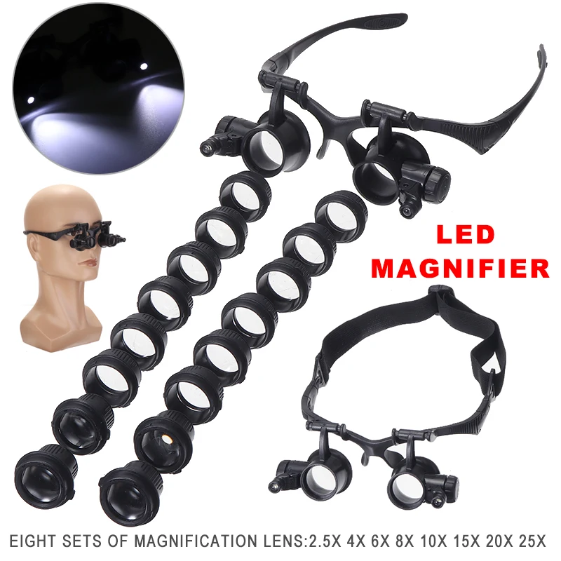 

8 Set 2.5X-25X Wearing Style Magnification Watchmaker Jeweler Loupe Head Glasses Magnifier With LED 16 Lenses