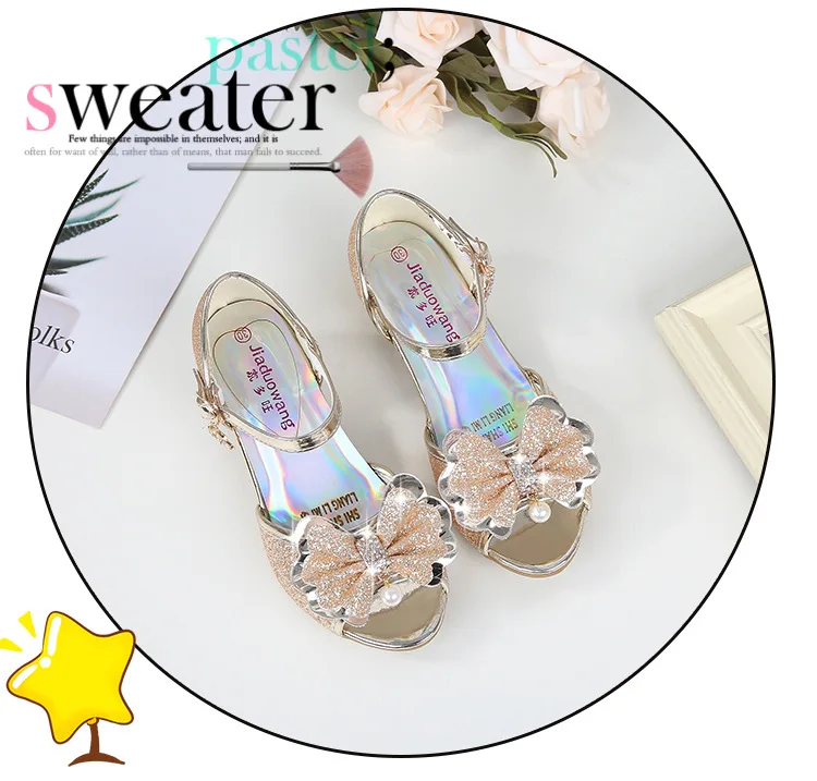 2021 Princess Kids Leather Shoes for Girls Flower Casual Glitter Children High Heel Girls Shoes Butterfly Knot Blue Pink Silver best children's shoes