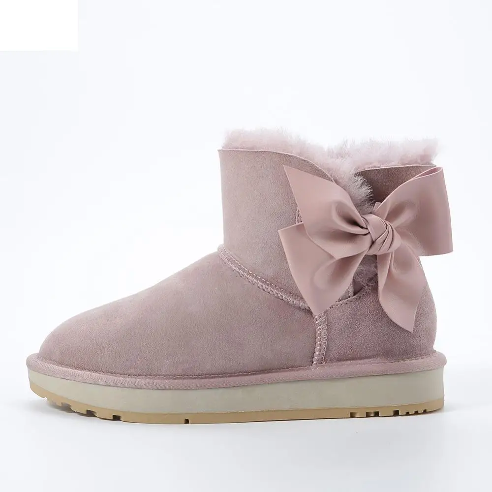 

2019-20 sheepskin leather wool fur lined women suede short winter snow boots with know-knot casual ankle winter shoes