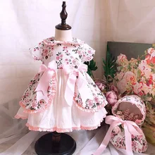 3 предмета, осенне-зимнее винтажное испанское платье принцессы Лолиты с цветочным принтом и шляпой для девочек, повседневное праздничное платье на день рождения