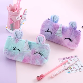 

Cute Fur Unicorn Pencil Case Embroidery Zipper Pen Pouch Student Pencil Pen Organizer Bag School Stationery