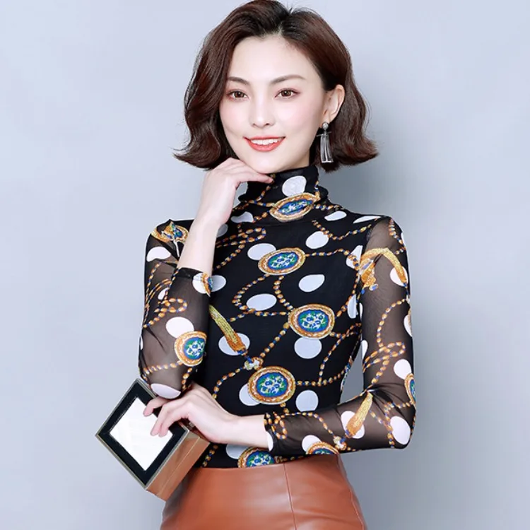

2019 Autumn And Winter New Products Thin Long Sleeve Printed Gauze High Collar Underwear Base Shirt Women's Large Size T-shirt