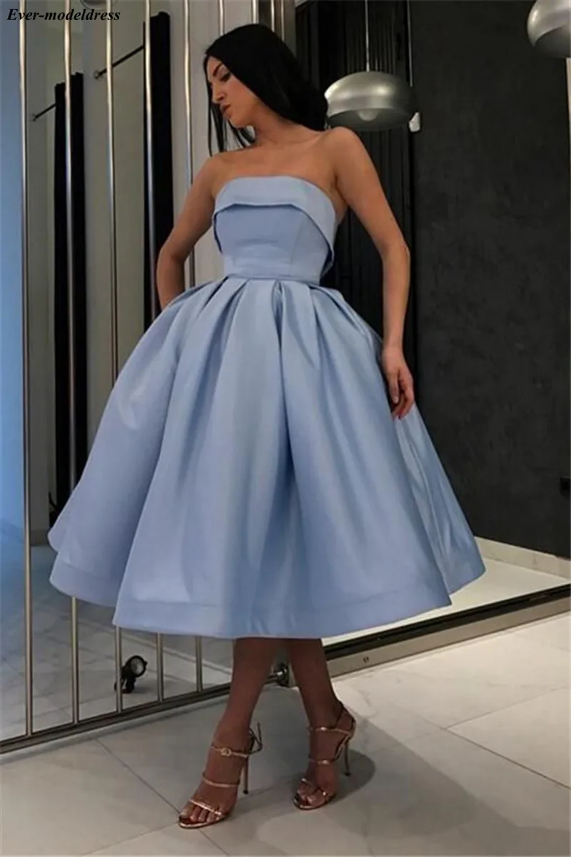 

Simple Satin Prom Dresses Short Tea-Length Strapless Lace Up Back A-Line Elegant Evening Party Gowns Vestidos De Festa