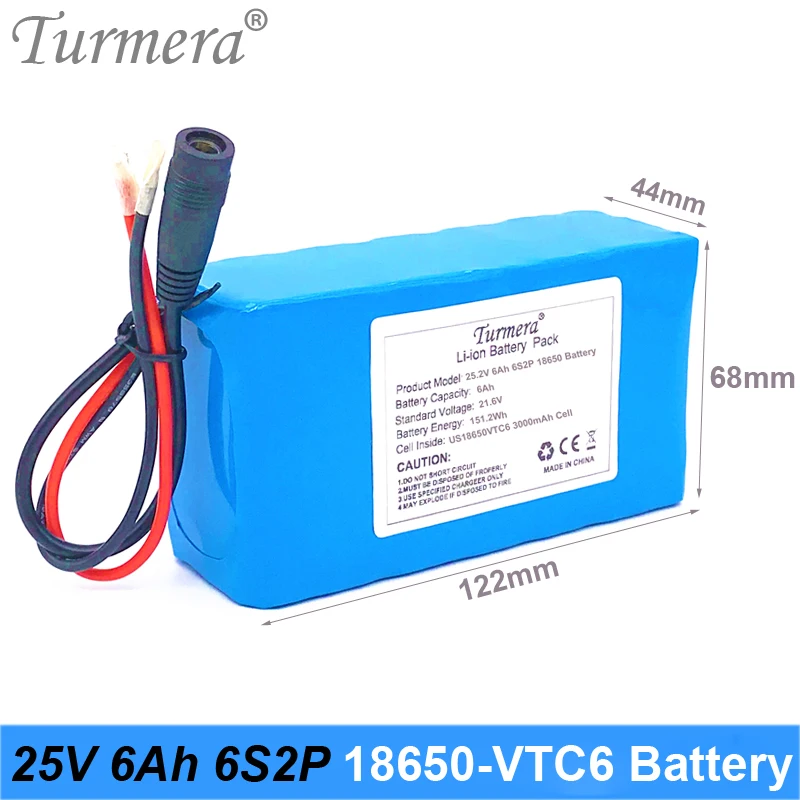 

Turmera 25V 6Ah 18650 Battery Pack Use VTC6 3000mAh 30A for 6S2P with Balanced BMS for 25V Electric Tool and Medical Device Use