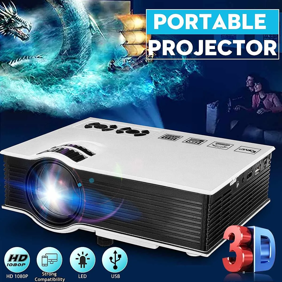 

HD Projector Portable Proyector With HDMI/VGA/USB/TF/AV IN/MP3/MP4/MP5/RMVB/Earphone Output 3D Video Beamer