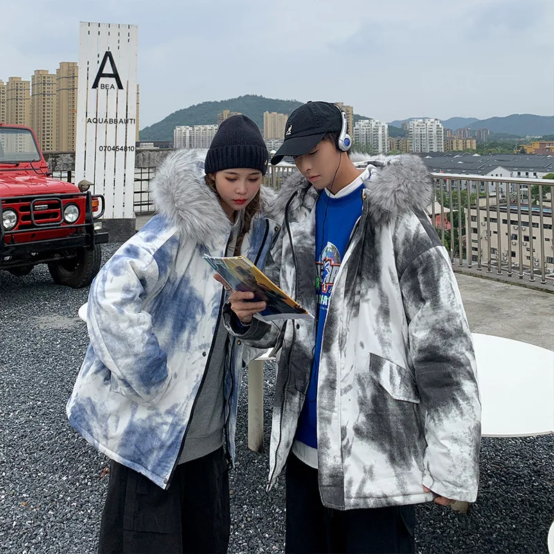 

Winter cotton clothes men's tide cotton clothes 2020 new style popular style tie-dyed coat thickened big wool collar coat