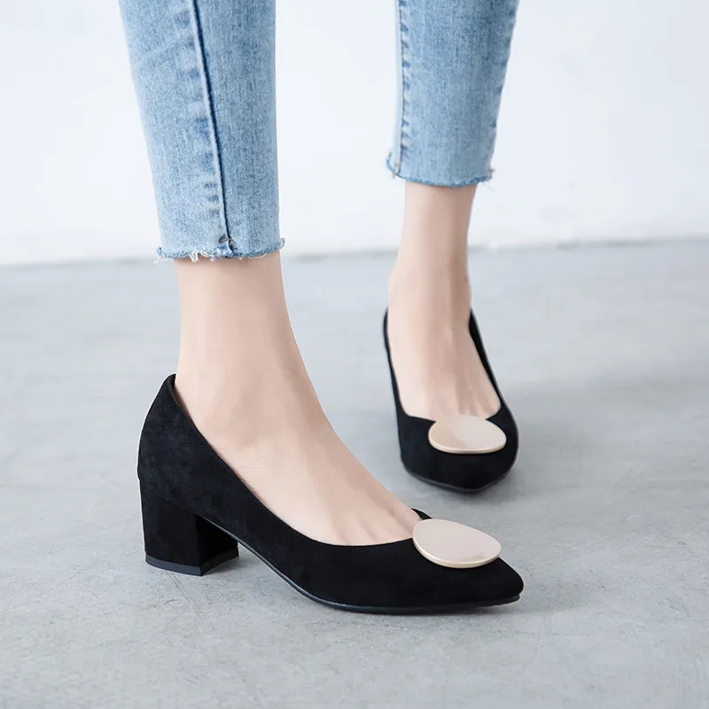 

YQBTDL Womens Shoes Block Chunky Heels Black Beige Flock High Heel Ladies Pumps Metal Decor Design Office Dress Shoe Summer 2020