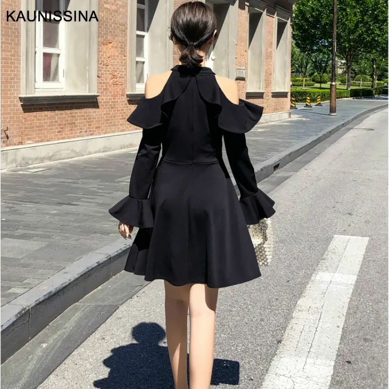 KAUNISSINA черные коктейльные платья холодное плечо с длинным рукавом А-силуэт Клубные вечерние платья для выпускного вечера Твердые корейские платья для выпускного вечера
