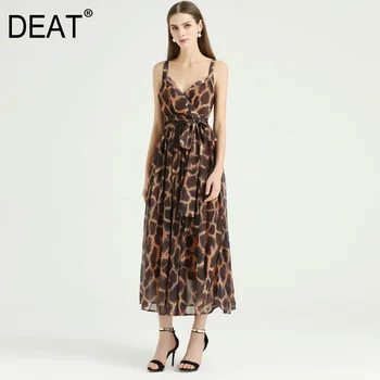

DEAT 2020 new women fashion clothing leopard printed deep V-neck sleeveless printed high waist dress female vacation WL28704
