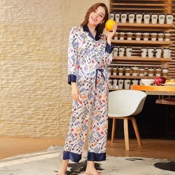 

Ladies Korean Pyjamas Women Autumn Thin Style Silk Long Sleeve Spring Ice Silk Sexy Set Of Two Loose Casual Home Clothing Пижам