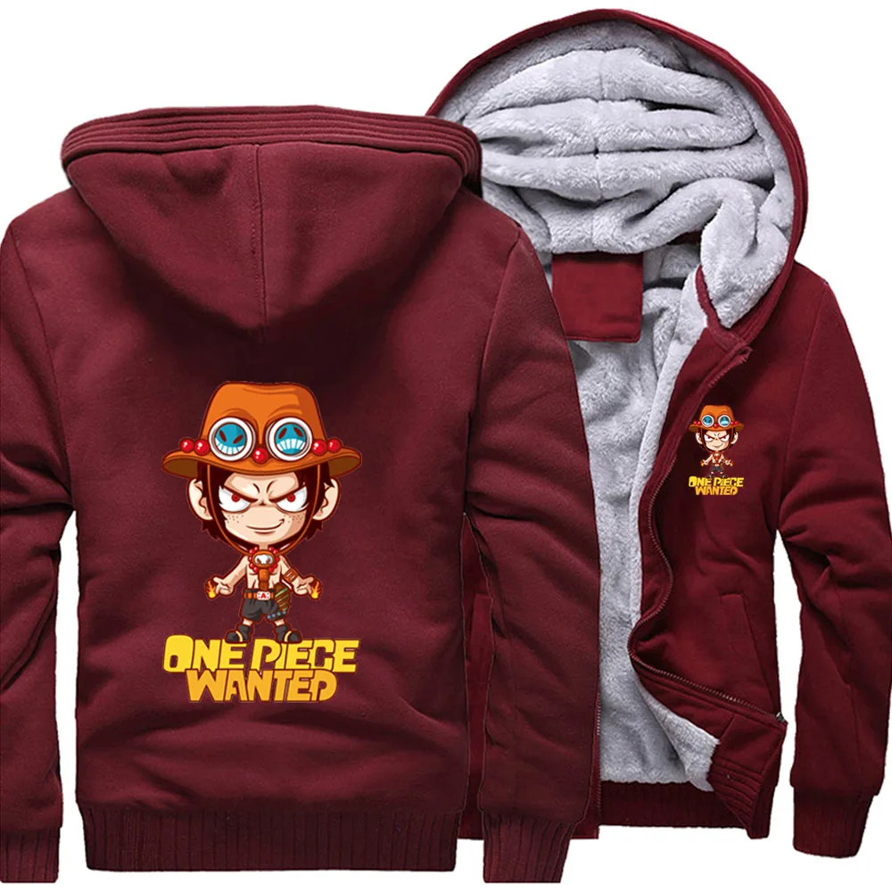 One Piece Wanted animé japonés Portgas D Ace sudaderas holgadas con capucha Invierno Caliente chaquetas de calle abrigo hombres gruesa Sudadera con capucha estampada
