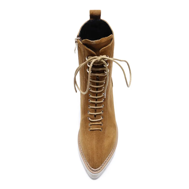 Meotina Winter Ankle Boots Women Natural Genuine Leather Thick High Heel Short Boots Zip Pointed Toe Shoes Ladies Autumn 34-39
