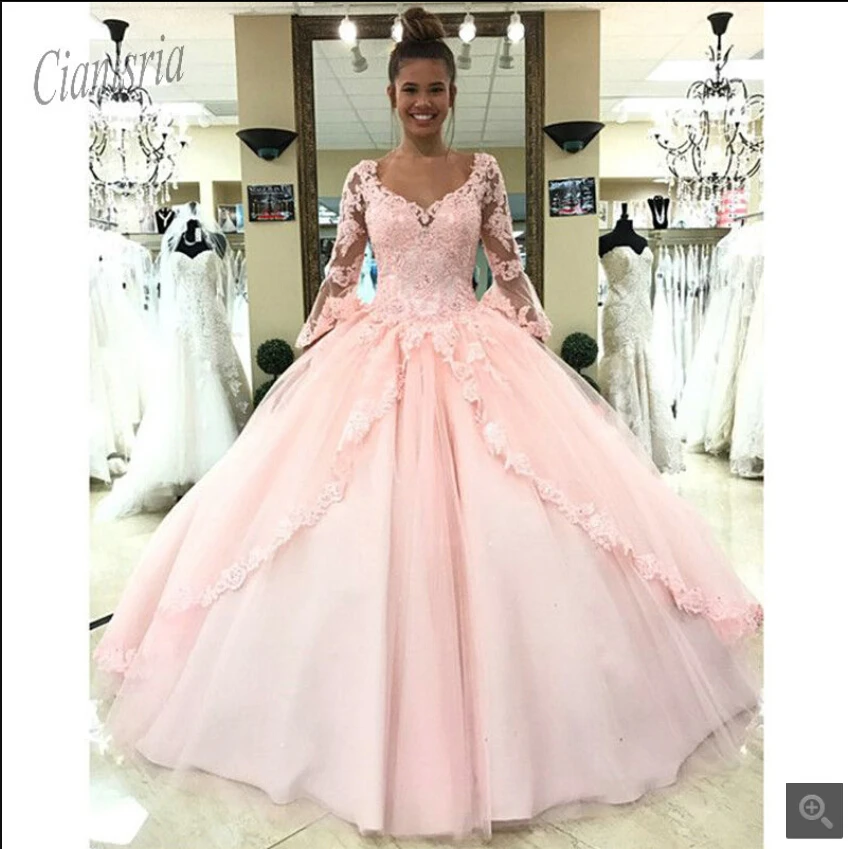 Robe de soiree/ Розовое Бальное платье, платья для выпускного вечера с кружевной аппликацией, v-образный вырез, длинный рукав, скромный мусульманский Бальные платья, бальные платья