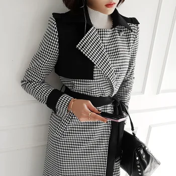 

Elegant Women Winter Vintage Houndstooth Long Wool Blend Office Coat Double-breasted Patchwork Belted Slim OL Work Wear Outwear