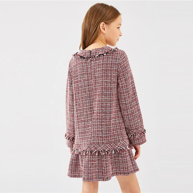 SHEIN Kiddie/клетчатое платье-туника с оборками спереди и бантом для девочек г. Осенние милые короткие платья с длинными рукавами на молнии сзади для детей