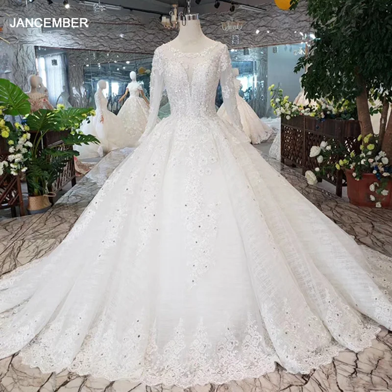 Musim Wedding Dress with long sleeve o-neck lace up back like white bridal dress gown brush train abiti da sposa 2020 HTL298 | Свадьбы и