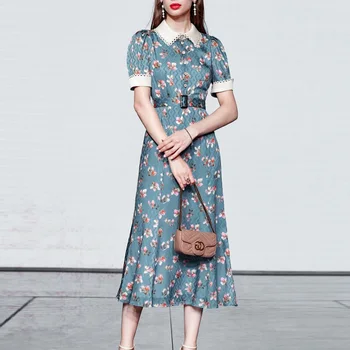 

Summer Women's 2020 New Style Waist Collection Chiffon Long Short Sleeve Thin Medium Long Floral Dress