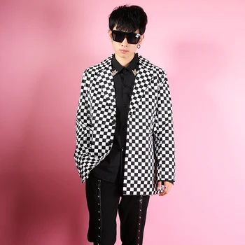 

Loose Dress Black White Plaid Casual Jacket Male Stage Costumes Streetwear Fashion Hip Hop Blazer Suit Coat