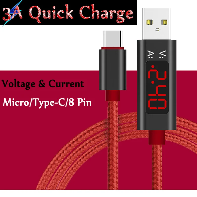 Светодиодный usb-кабель с дисплеем QC3.0, тестер напряжения и тока, кабель Micro USB type C, ленточный кабель C для iPhone Xiaom Redmi samsung