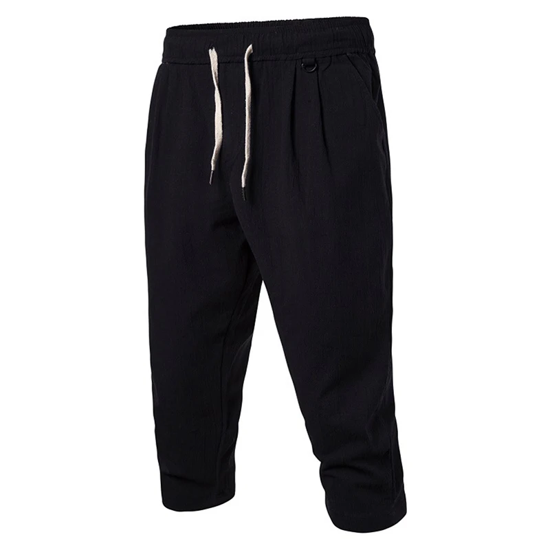 

Casual Men Straight Calf-Length Pants Mid Waist Drawstring Pleated Pants Solid Color Man Casual Trousers Elastic Waist Pants D30