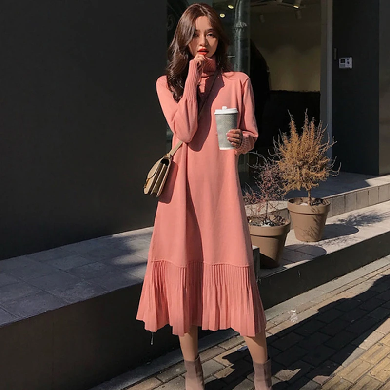 

Autumn Winter Dress Female A-line Ruffles Knitted Dress Femm Casual Pullover Vestidos Elegant Loose Women Sweater Dress 2020