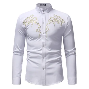 

Mens Shirt Long Sleeve Solid Color Embroidered Retro Palace Stand Collar Casual Slim Fit Chemise Homme Slim Fit Office Business